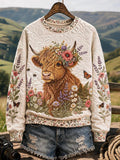 Women's Retro Country Highland Cow Art Print Sweatshirt