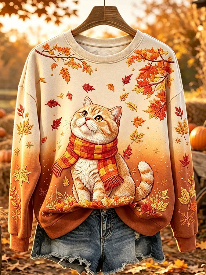 Women's Cute Cat Fall Art Print Casual Sweatshirt