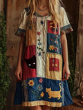 Women's Cute Cat In The Garden Faux Cotton And Linen Printed V-Neck Dress
