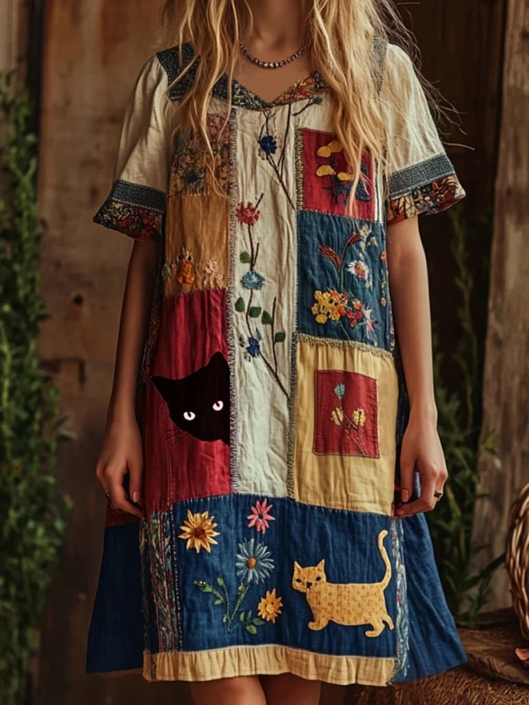 Women's Cute Cat In The Garden Faux Cotton And Linen Printed V-Neck Dress