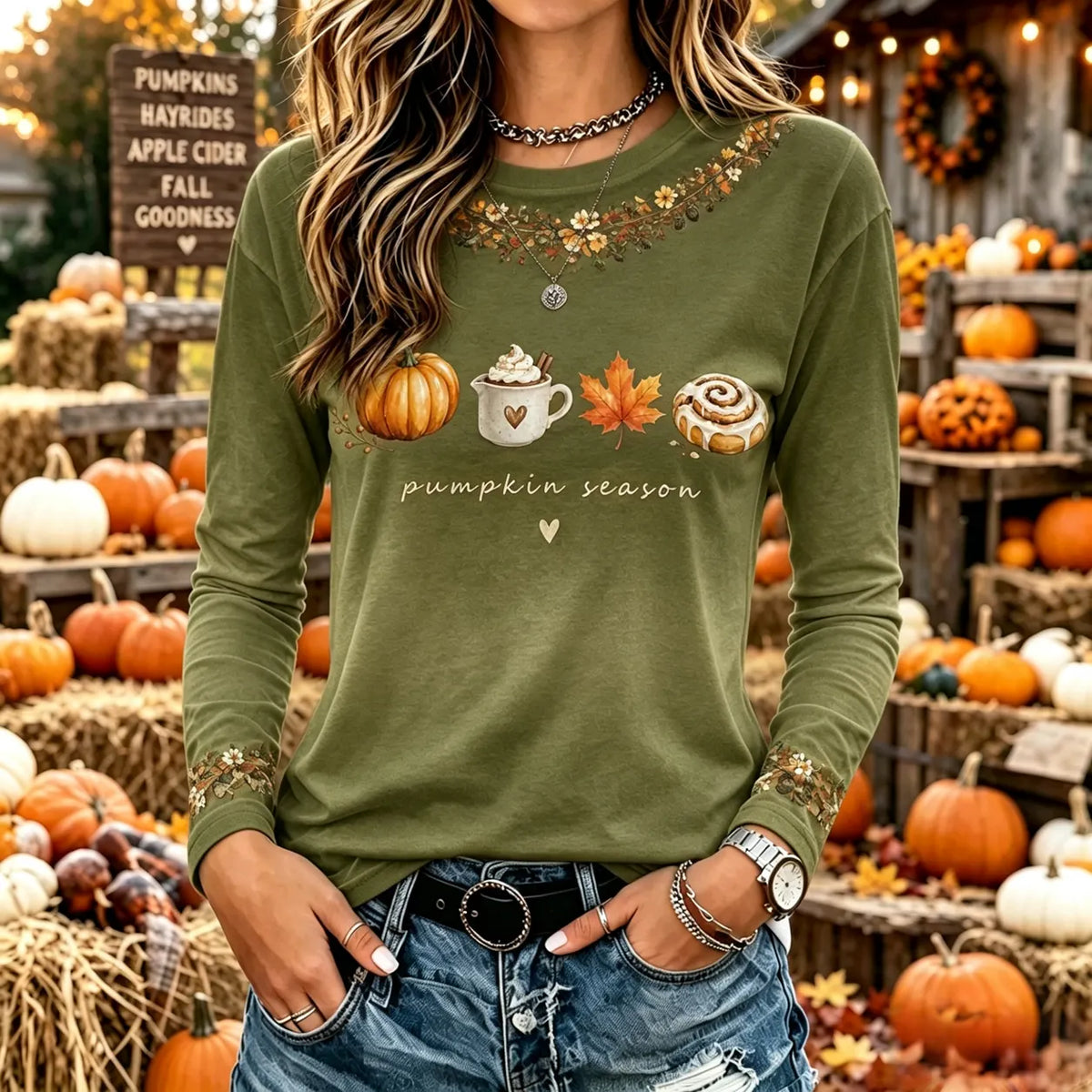 Women's Vintage Halloween Fall Heart In Skeleton Print Crew Neck Long Sleeve T-shirt