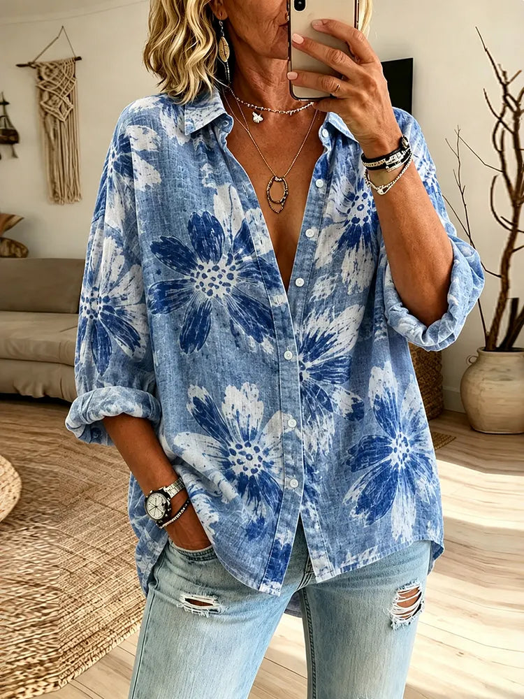 Women's Vintage Floral Art Print Flowy Linen Blend Long Sleeve Shirts