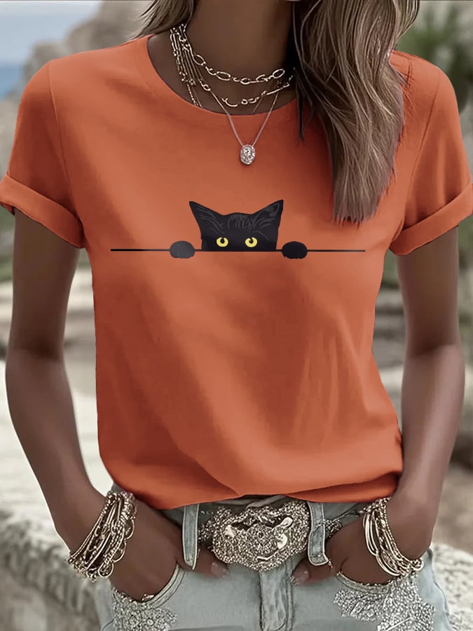 🐾Buy 3 Save 10%🐱Women's Cat Printed Round Neck T-Shirt💛100% For Shelter Pets🐱🐶
