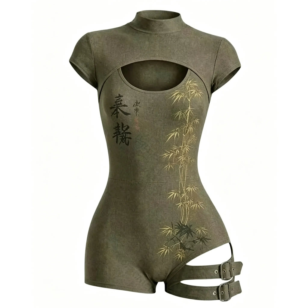 Women's Retro Japanese Art Bamboo Print High-neck Short-sleeve Jumpsuit