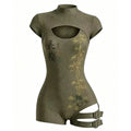 Women's Retro Japanese Art Bamboo Print High-neck Short-sleeve Jumpsuit