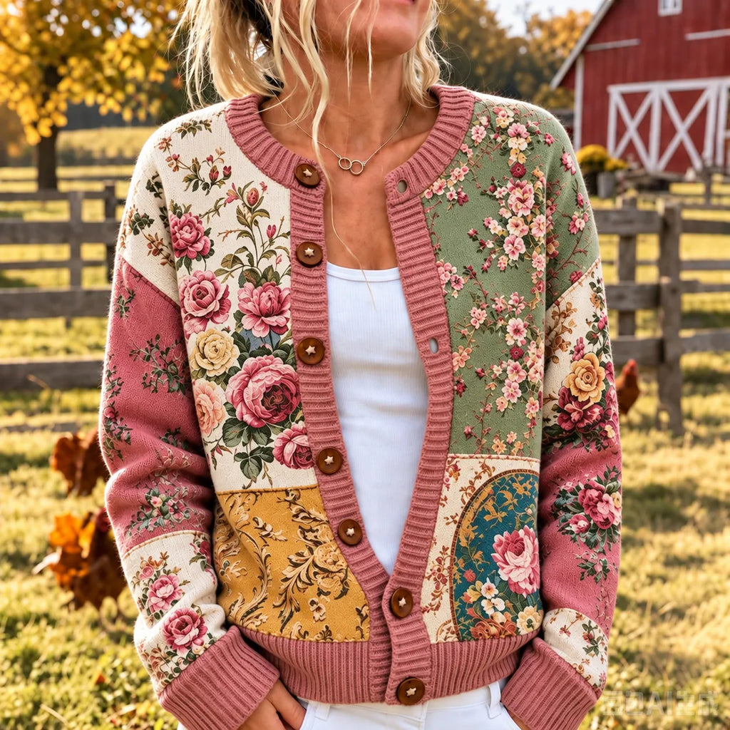 Women's Retro Rose Floral Patchwork Pattern Art Casual Knit Cardigan