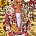 Women's Retro Rose Floral Patchwork Pattern Art Casual Knit Cardigan