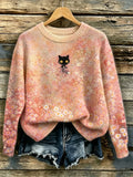 Women's Bohemian-style Floral And Cat Print Sweater