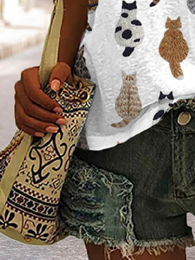 🐾Buy 3 Save 10%🐱Women'S Cute Cats Embroidery Print T-shirt💛100% For Shelter Pets🐱🐶