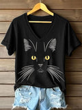 Women's Animal Print Cat Pattern V-Neck Short Sleeve Comfortable T-Shirt
