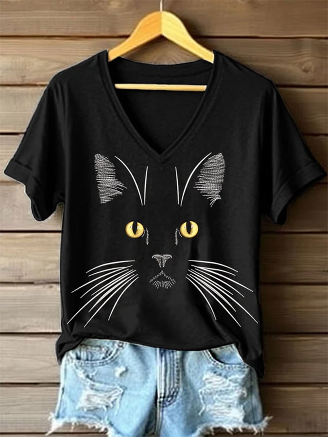 Women's Animal Print Cat Pattern V-Neck Short Sleeve Comfortable T-Shirt