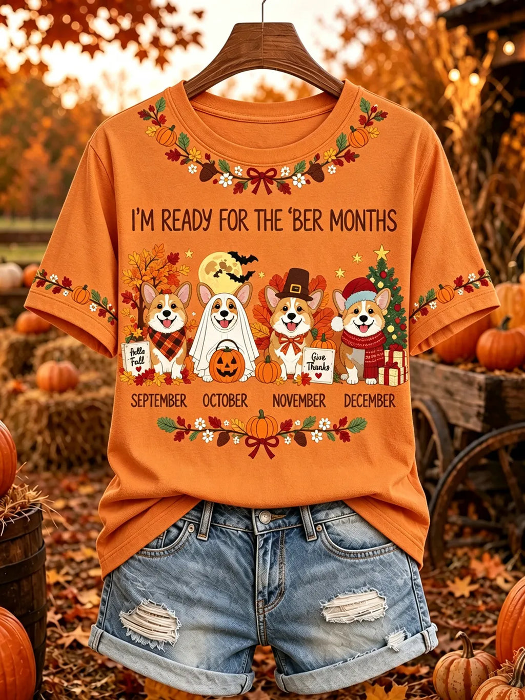 Women's Vintage Fall Cute Dogs Print Short Sleeve Casual T-shirt