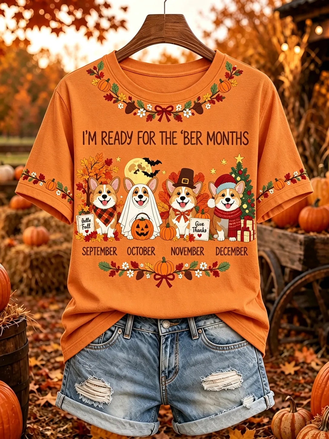 Women's Vintage Fall Cute Dogs Print Short Sleeve Casual T-shirt