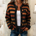 Women's Retro Colorful Striped Black Cat Pattern Art Casual Knit Cardigan
