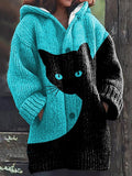 Women's Casual Cat Print Knitted Fabric Plush Jacket