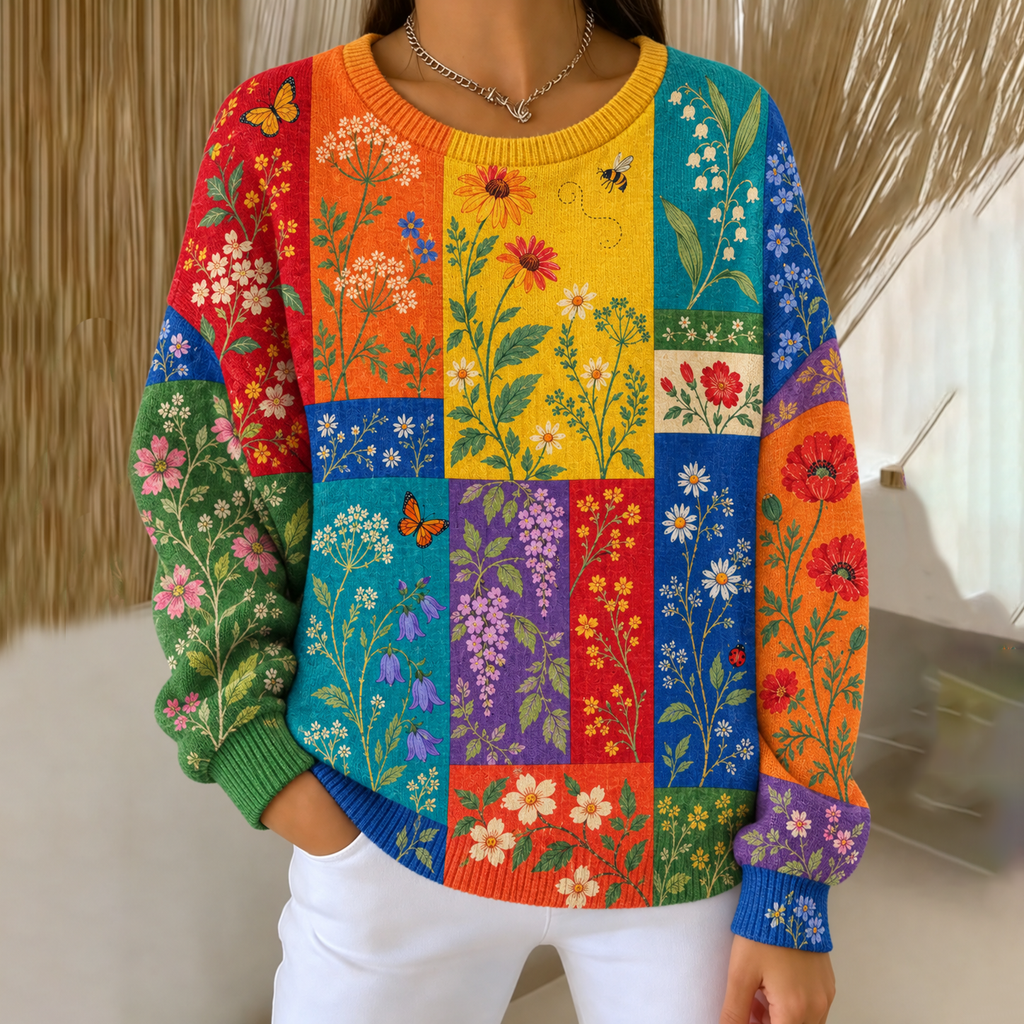 Women's Retro Colorful Floral And Bees Pattern Art Casual Knit Sweater