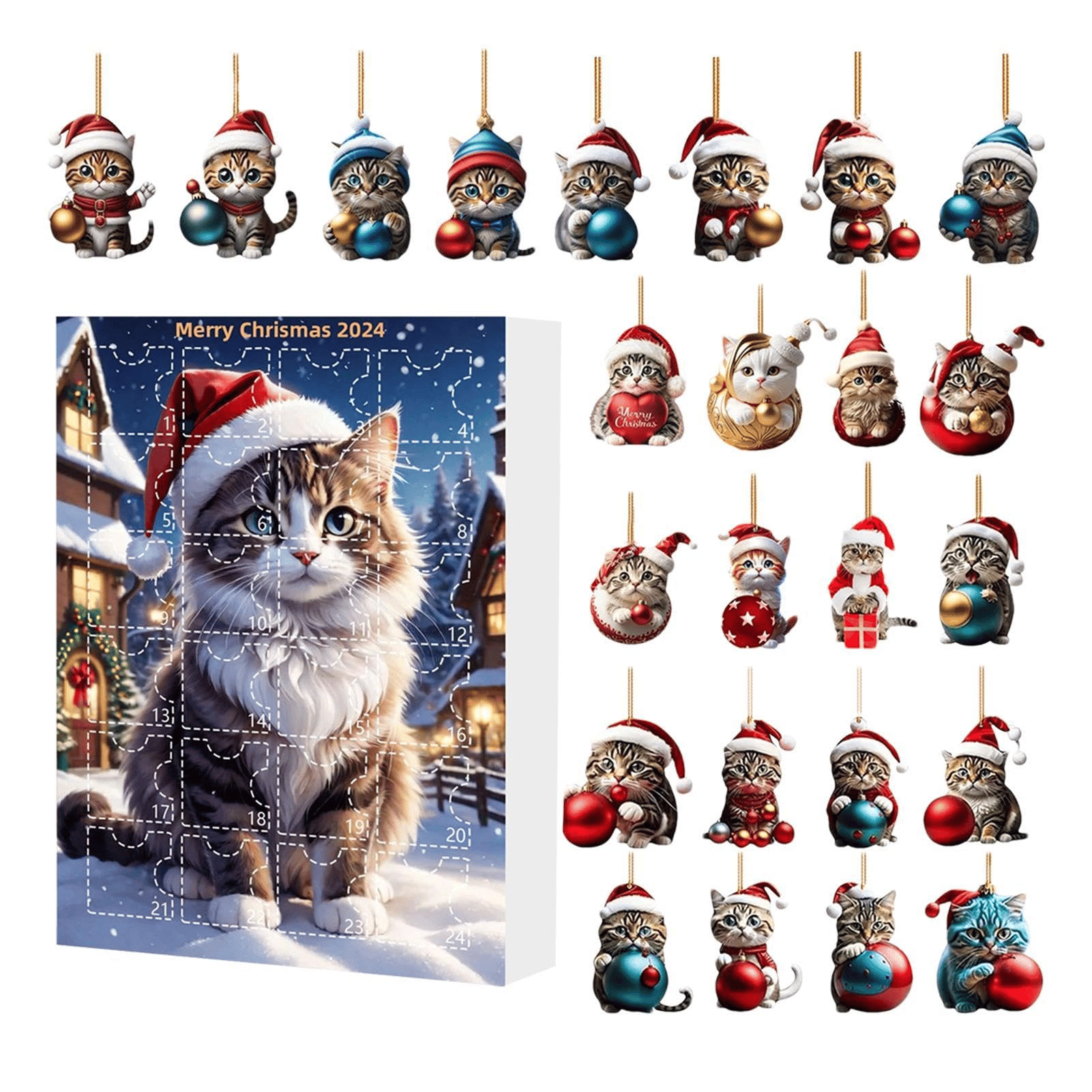 2026 Cats Advent Calendar, Advent Calendar 2026, Countdown for Cats Christmas 24 Days Christmas Advent Calendar with Hanging Decoration for Cats in 2D Acrylic(2D Acrylic Flat)