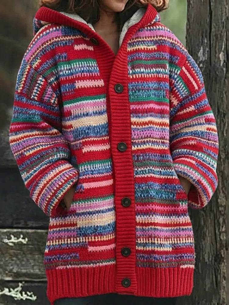 Women's Retro Geometric Stripe Jacquard Thermal Hooded Cardigan