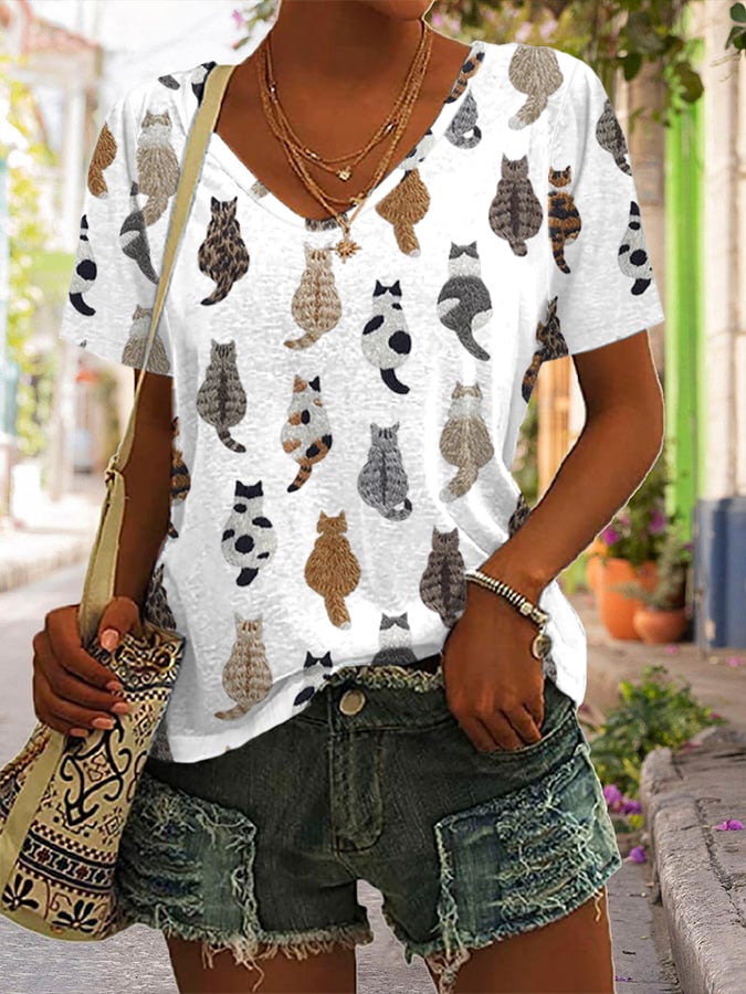 🐾Buy 3 Save 10%🐱Women'S Cute Cats Embroidery Print T-shirt💛100% For Shelter Pets🐱🐶