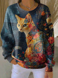 Women'S Cat Print Casual Sweatshirt