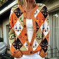 Women's Vintage Halloween Cat & Smiley Face Jacquard Knit Warm Cardigan