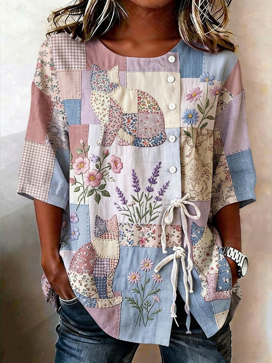 🐾 Buy 3 Save 10%🐱Women's Denim Cat Portrait Patchwork Art Print Casual Top💛100% For Shelter Pets🐱🐶