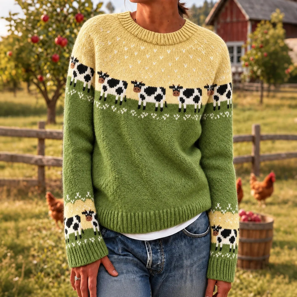 Women's Farm Cow Pattern Cozy Knit Sweater