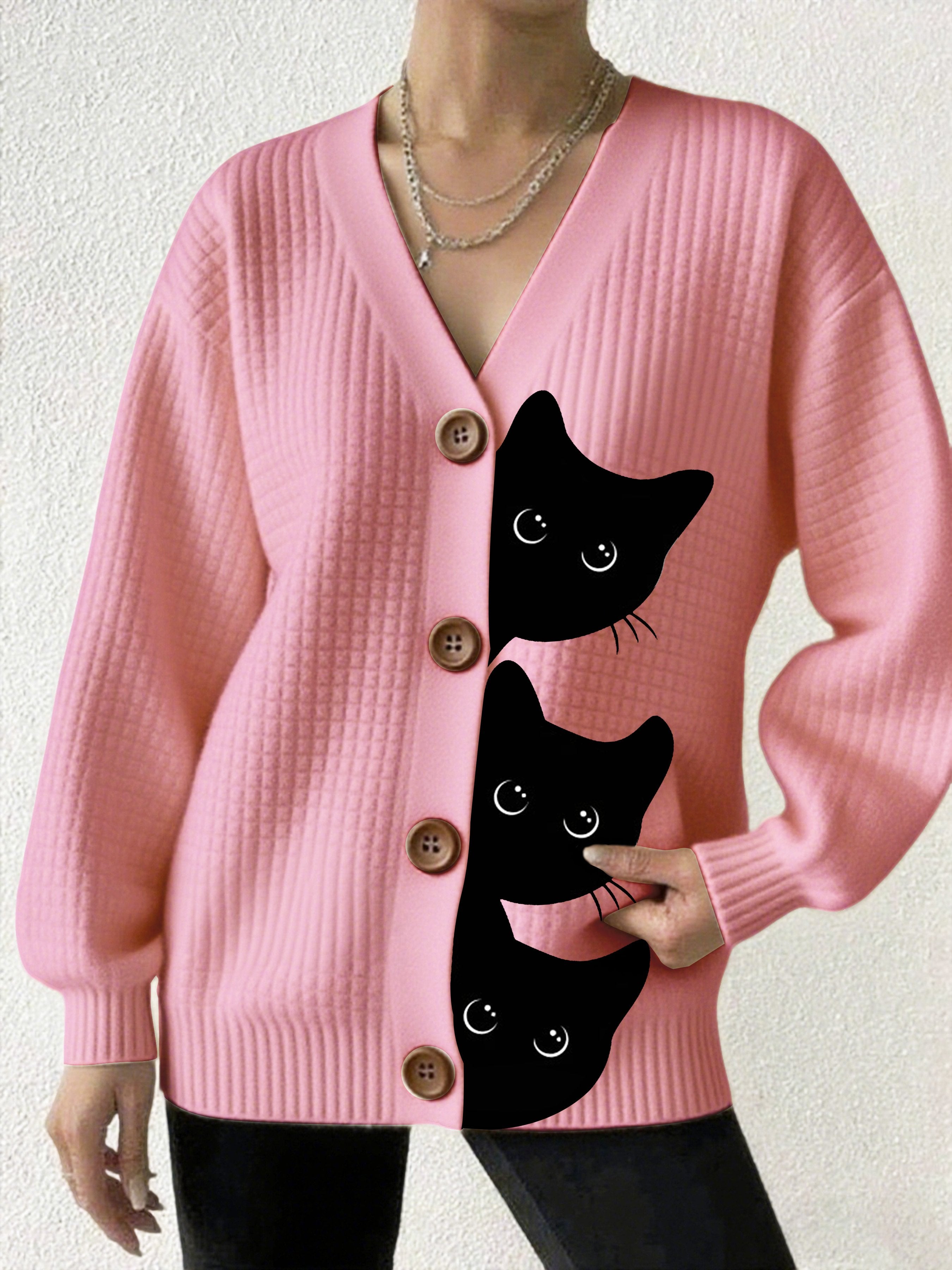 Women's Halloween Fun Black Cat Print Cardigan Sweater