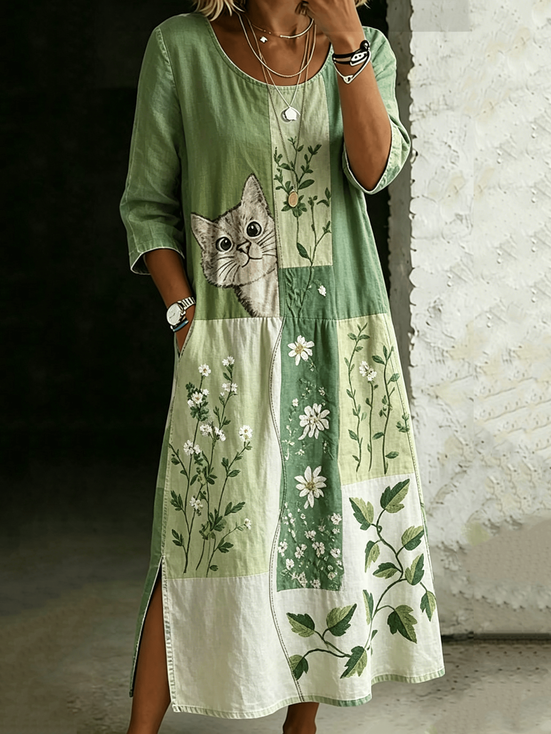 Women's Vintage Cotton Linen Cat Print Dress