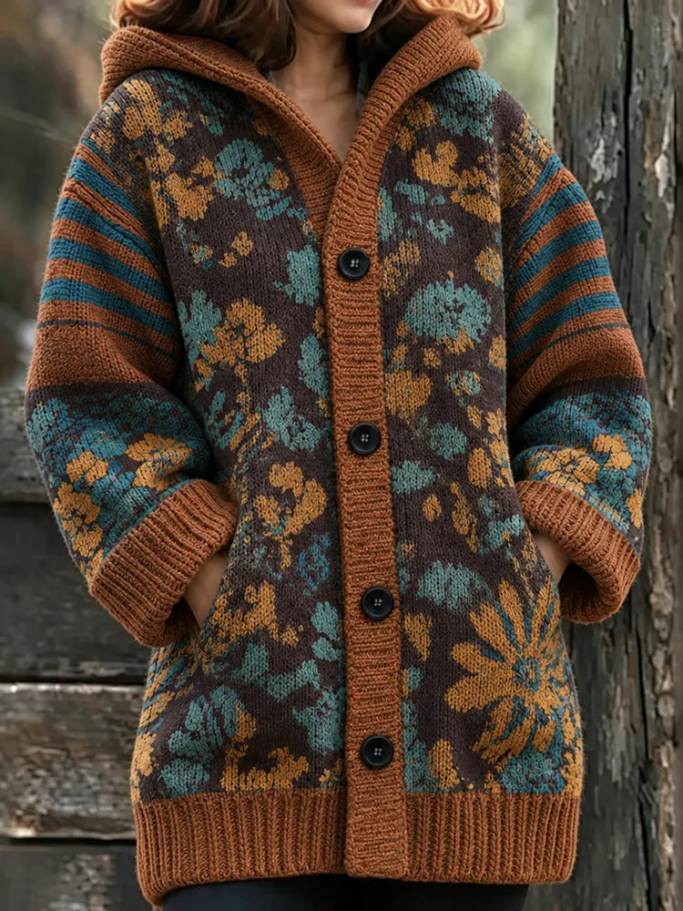 Women's Vintage Floral Print Knitted Hooded Cardigan