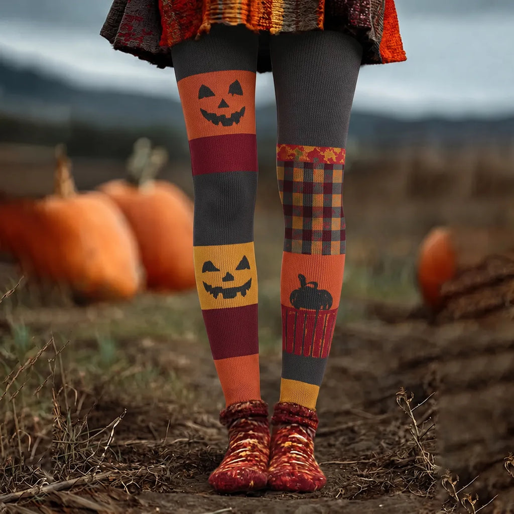 Women's Halloween Pumpkin Face Patchwork Art Casual Leggings