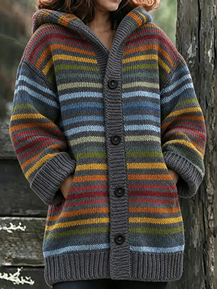 Women's Retro Colorful Striped Art Warmth Knit Hooded Cardigan