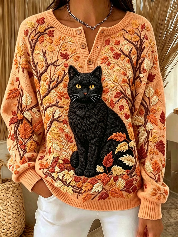 Women's Casual Print Button-Up Collar Knit Top