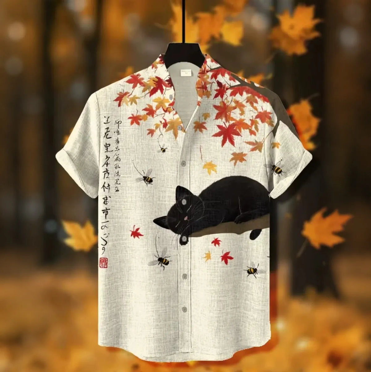 Men's Vintage Lazy Cat Sleeps In Fall Maple Pattern Linen Blend Casual Shirt