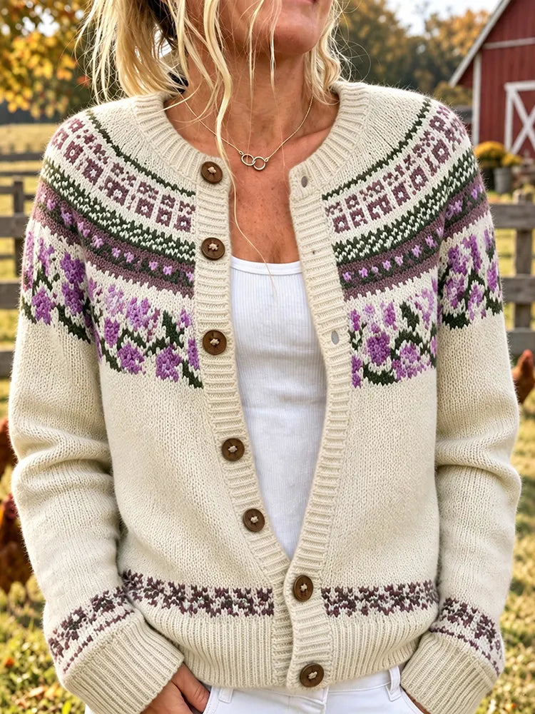 Women's Retro Floral And Birds Pattern Art Casual Knit Cardigan