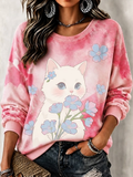 Women's Casual Tie-dye Crewneck Sweatshirt In Pink With White Kitten And Blue Floral Bouquet Print