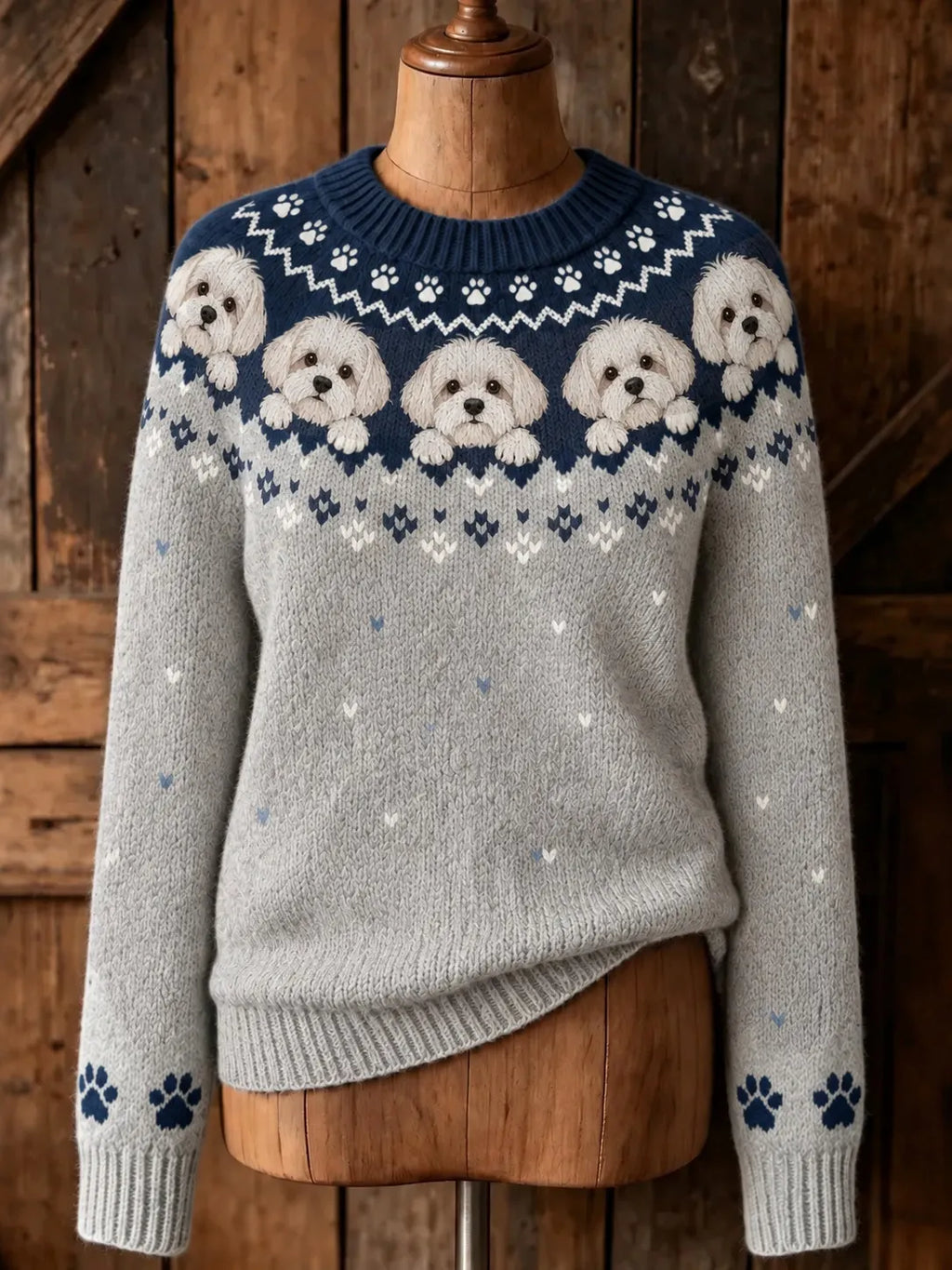 Women's Retro Maltese Puppy Pattern Cozy Fair Isle Style Knit Sweater