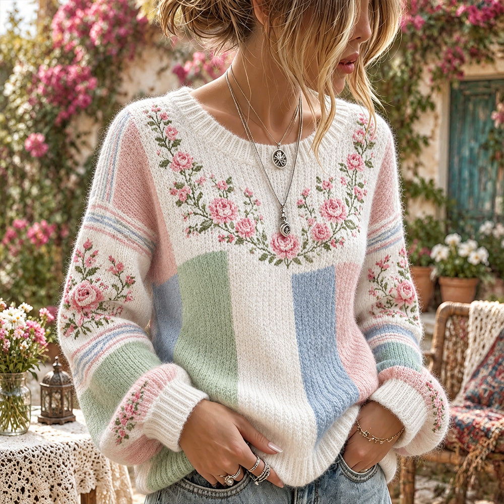Women's Pink Romantic Rose Color-block Art Casual Crewneck Sweater