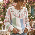Women's Pink Romantic Rose Color-block Art Casual Crewneck Sweater