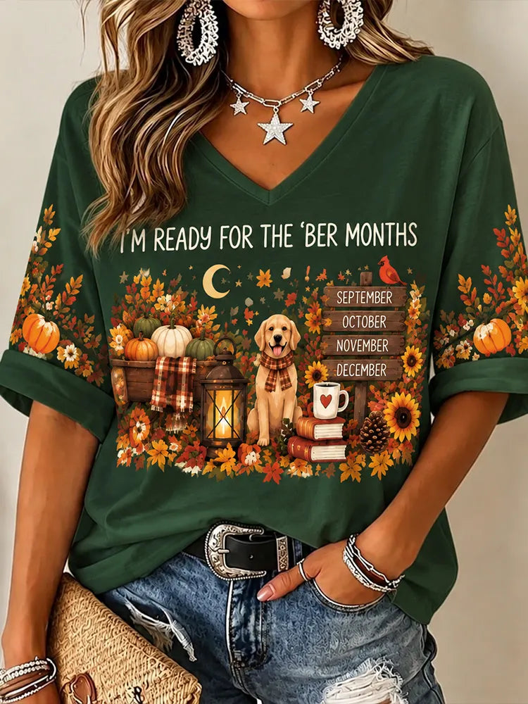 Women's "i'm Ready For The Ber Months" Autumn Puppy V-neck T-shirt