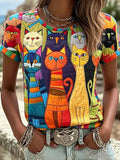 Women's Geometric Group Cat Printed Vintage Fashion Loose Short Sleeve T-Shirt