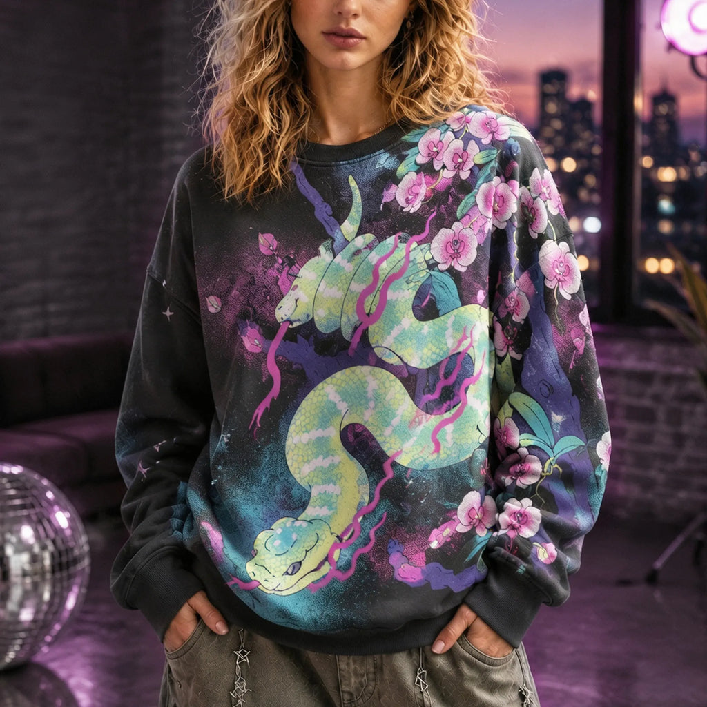 Retro Dark Aesthetics Y2k Gothic Bohemian Snake Print Cherry Blossom Print Crew Neck Sweatshirt