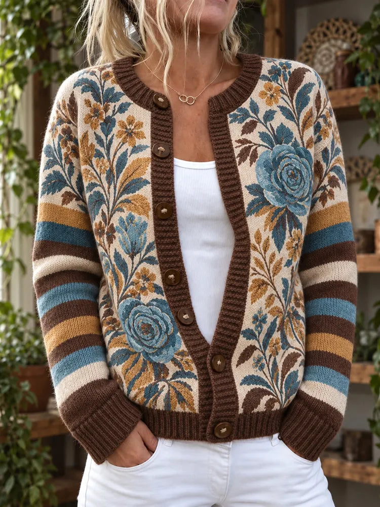 Women's Vintage Floral Print Knit Cardigan Sweater