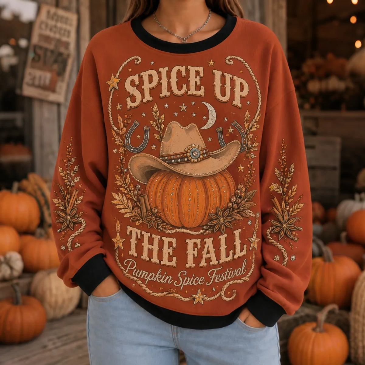 Women's Vintage Spice Up The Fall Print Crew Neck Sweatshirt