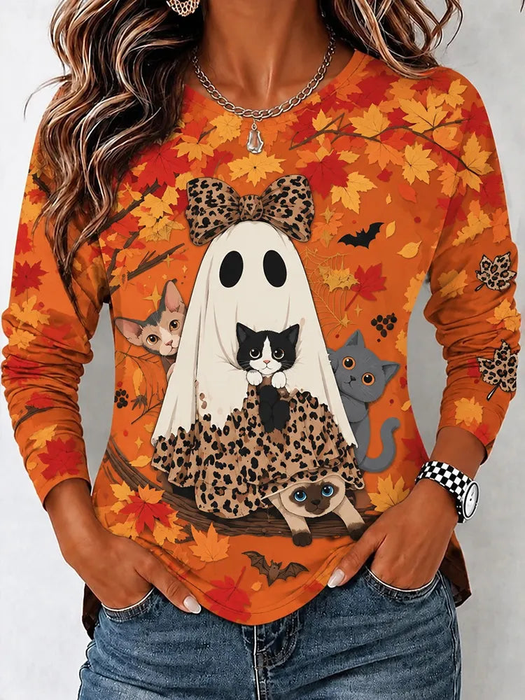 Women's Vintage Ghost Cat Print Crew Neck Long-sleeve T-shirt