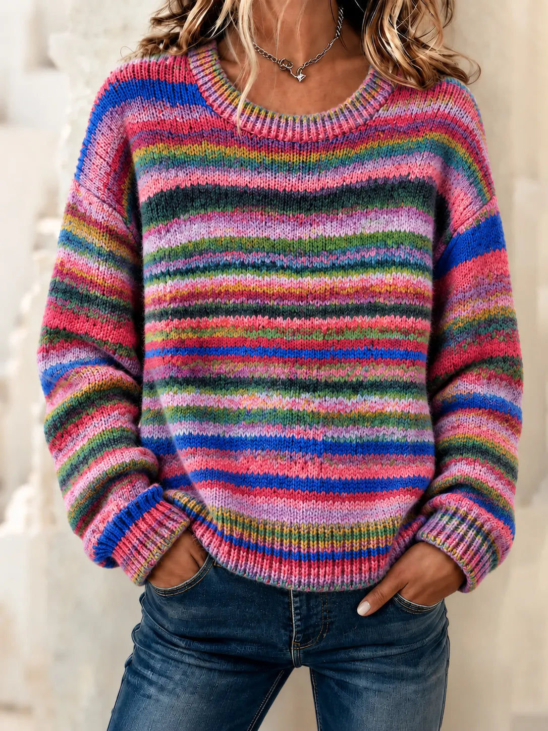 Women's Retro Colorful Striped Gradient Art Cozy Knit Sweater