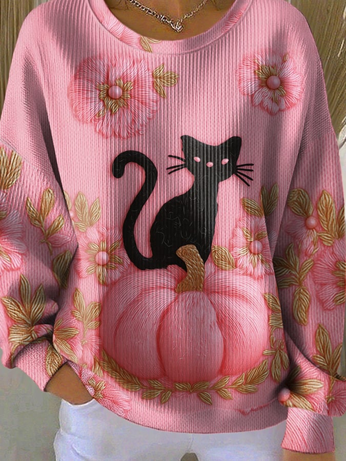 Women's Casual Cat Pumpkin Floral Print Long Sleeve Knit Top