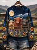 Women's Retro Country Highland Cow Art Print Sweatshirt