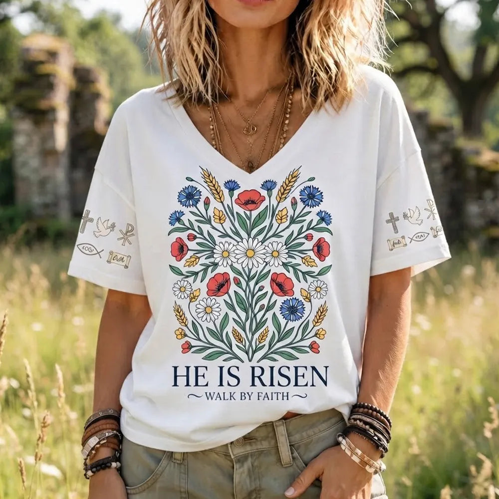 Women's "he Is Risen" Floral V-neck Short-sleeve T-shirt