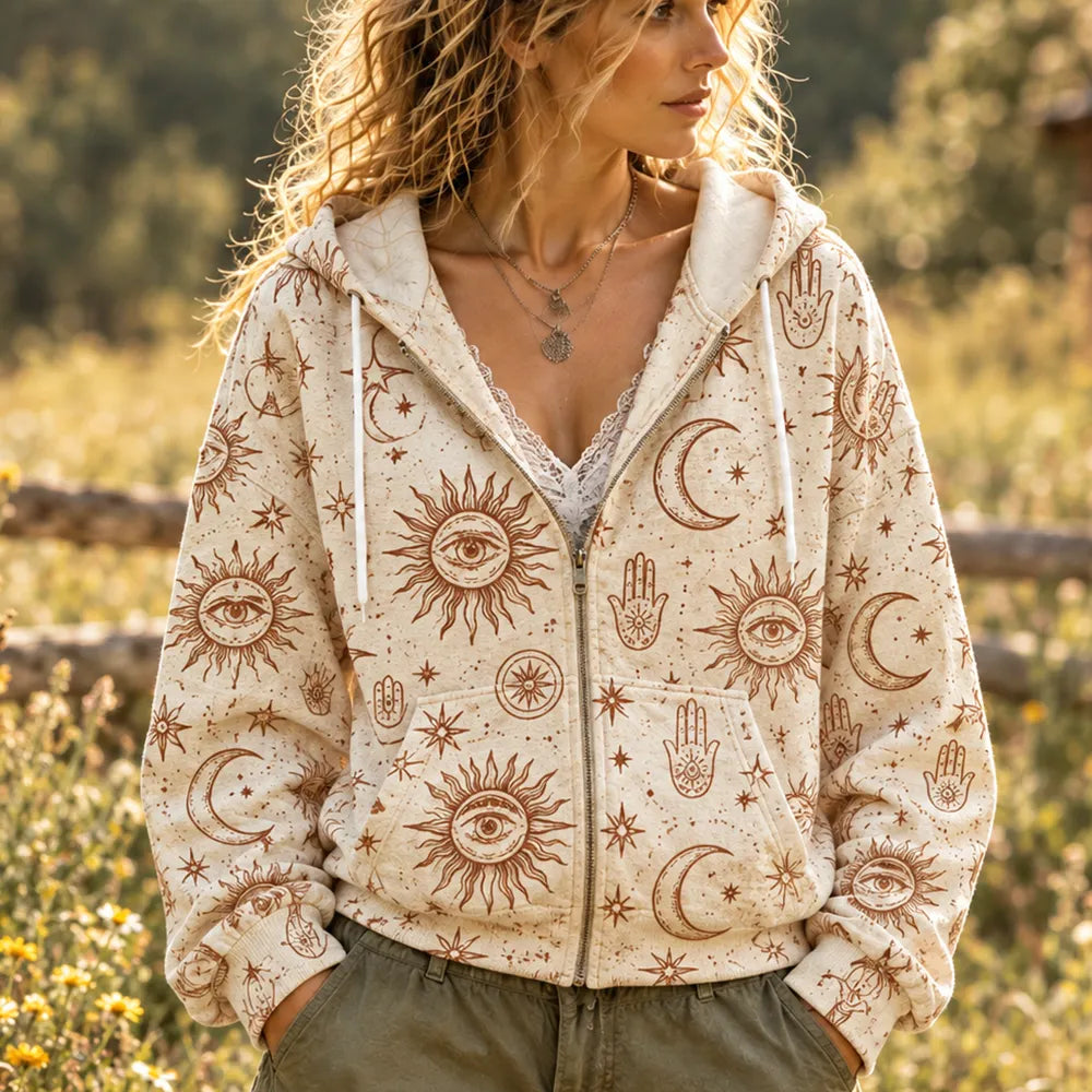 Women's Bohemian Sun, Moon & Hamsa Hand Pattern Full-zip Hoodie